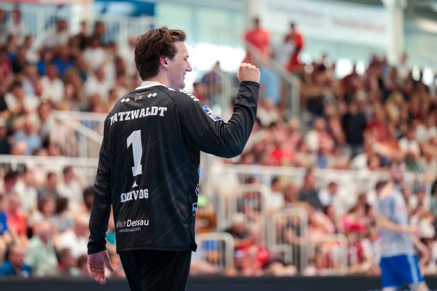 29 06 2025, 2 Handball Bundesliga, Catch-up match, TuSEM Essen Dessau Rosslauer HV 06, Goalkeeper Janik Patzwaldt Dessau Rosslauer HV 06 clenches his fist, Essen Sporthalle Am Hallo NRW Germany xRHR PHOTO DEx Copyright: DennisxEwert RHR-FOTOx RHR-FOTO DE