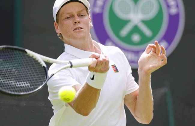 Tennis: Wimbledon championships Jannik Sinner of Italy plays against compatriot Luca Nardi in the men s singles first round at the Wimbledon tennis tournament in London on July 1, 2025.  A14AA0004697786P