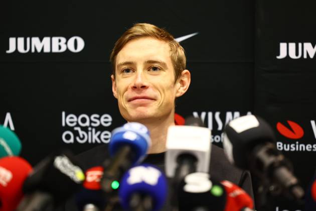 Danish Jonas Vingegaard Hansen of Team Visma-Lease a Bike pictured during a press conference, PK, Pressekonferenz of team Visma - Lease a Bike ahead of the 2025 Tour de France cycling race, in Lille, France, on Friday 04 July 2025. The 112th edition of the Tour de France starts on Saturday 5 July in Lille, France, and will finish in Paris, France on the 27th of July. DAVIDxPINTENS x128393411x