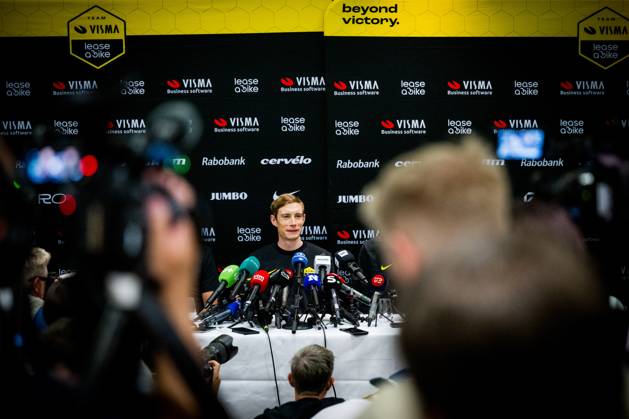 Danish Jonas Vingegaard Hansen of Team Visma-Lease a Bike talks to the press during a press conference, PK, Pressekonferenz of team Visma - Lease a Bike ahead of the 2025 Tour de France cycling race, in Lille, France, on Friday 04 July 2025. The 112th edition of the Tour de France starts on Saturday 5 July in Lille, France, and will finish in Paris, France on the 27th of July. JASPERxJACOBS x128394416x