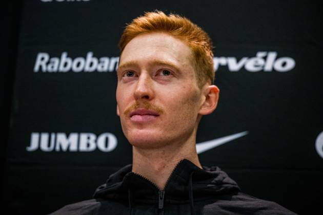 American Matteo Jorgenson of Team Visma-Lease a Bike talks to the press during a press conference, PK, Pressekonferenz of team Visma - Lease a Bike ahead of the 2025 Tour de France cycling race, in Lille, France, on Friday 04 July 2025. The 112th edition of the Tour de France starts on Saturday 5 July in Lille, France, and will finish in Paris, France on the 27th of July. JASPERxJACOBS x128394478x