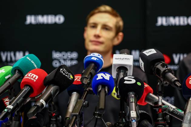 Danish Jonas Vingegaard Hansen of Team Visma-Lease a Bike pictured during a press conference, PK, Pressekonferenz of team Visma - Lease a Bike ahead of the 2025 Tour de France cycling race, in Lille, France, on Friday 04 July 2025. The 112th edition of the Tour de France starts on Saturday 5 July in Lille, France, and will finish in Paris, France on the 27th of July. DAVIDxPINTENS x128394680x