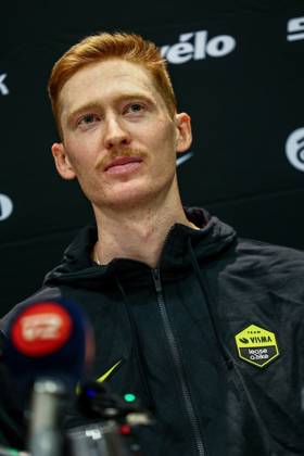 American Matteo Jorgenson of Team Visma-Lease a Bike pictured during a press conference, PK, Pressekonferenz of team Visma - Lease a Bike ahead of the 2025 Tour de France cycling race, in Lille, France, on Friday 04 July 2025. The 112th edition of the Tour de France starts on Saturday 5 July in Lille, France, and will finish in Paris, France on the 27th of July. DAVIDxPINTENS x128394682x
