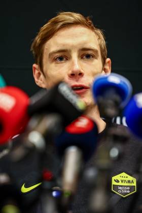 Danish Jonas Vingegaard Hansen of Team Visma-Lease a Bike pictured during a press conference, PK, Pressekonferenz of team Visma - Lease a Bike ahead of the 2025 Tour de France cycling race, in Lille, France, on Friday 04 July 2025. The 112th edition of the Tour de France starts on Saturday 5 July in Lille, France, and will finish in Paris, France on the 27th of July. DAVIDxPINTENS x128394700x