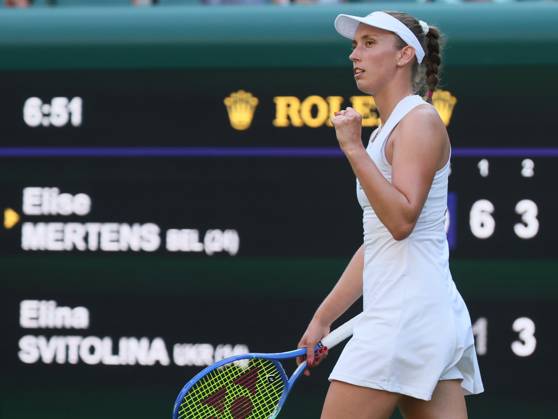Belgian Elise Mertens reacts during a tennis match against Ukrainian Svitolina, in the third round of the women s singles at the 2025 Wimbledon grand slam tournament, Friday 04 July 2025 at the All England Tennis Club, in South-West London, Britain. BENOITxDOPPAGNE x128428276x