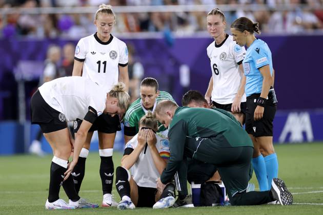 GWINN Giulia captain Germany suffered a serious injury in the first half and had to be replaced by SCHUELLER Lea and goalkeeper BERGER Ann Katrin UEFA Womens EURO 2025 in Switzerland Preliminary round match Germany Poland 2 0 on 04 07 2025 in St Gallen Copyright: xLacixPerenyix