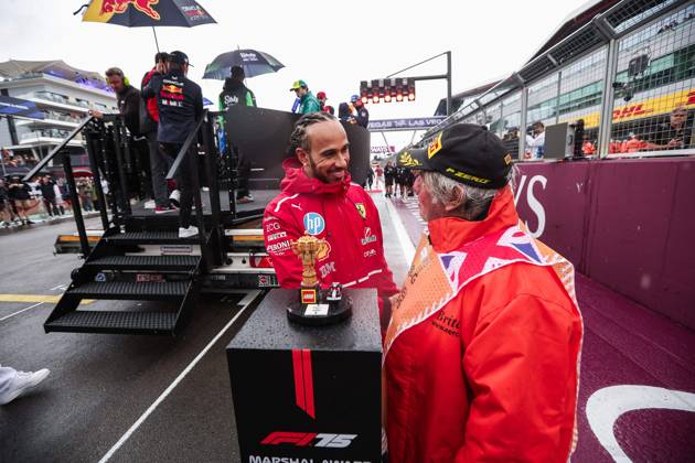 F1 - BRITISH GRAND PRIX 2025 HAMILTON Lewis (gbr), Scuderia Ferrari SF-25, portrait and LEGO Marshal Award during the Formula 1 Qatar Airways British Grand Prix 2025, 12th round of the 2025 FIA Formula One World Championship, WM, Weltmeisterschaft from July 4 to 6, 2025 on the Silverstone Circuit, in Silverstone, United Kingdom - SilverstoneUnited Kingdom Copyright: xEricxAlonsox