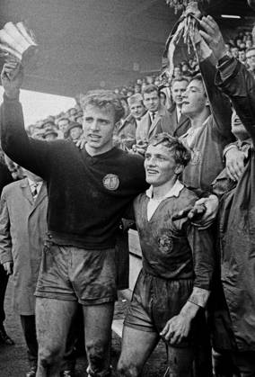 Cup winner GDR, goalkeeper Juergen Croy left and coach Rainer Schlutter, Sixties, football, international UEFA youth tournament 1965, 25 04 1965, final, German Democratic Republic GDR vs. England 3 2, Gruga Stadium in Essen Sixties, sports, football, international UEFA youth tournament 1965, 25 04 1965, final, German Democratic Republic GDR vs. England 3 2, Gruga Stadium in Essen, rejoicing with the winners cup, goalkeeper Juergen Croy DDR left and team captain Rainer Schlutter DDR , Sixties, sports, football, international UEFA youth class tournament 1965, 25 04 1965, final, German Democratic Republic GDR vs England 3 2, Gruga Stadium in Essen, rejoicing with the winners cup, goalkeeper Juergen Croy DDR left and team captain Rainer Schlutter DDR