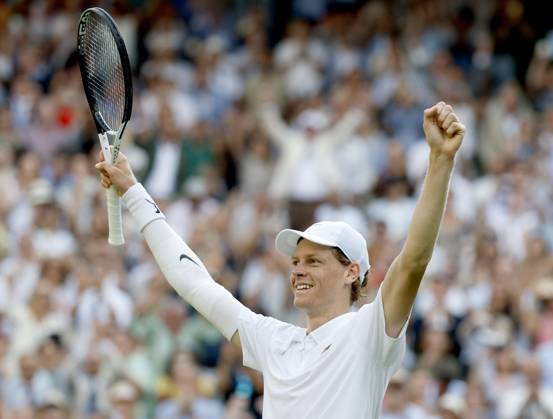 Tennis: Wimbledon championships Jannik Sinner of Italy reacts after beating Carlos Alcaraz of Spain in the men s singles final at the Wimbledon tennis tournament in London on July 13, 2025.  A14AA0004721782P