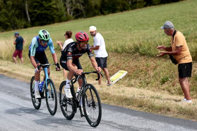 French Bruno Armirail of Decathlon AG2R La Mondiale Team and French Julian Alaphilippe of Tudor Pro Cycling Team pictured in action during stage 10 of the 2025 Tour de France cycling, from Ennezat to Le Mont-Dore Puy de Sancy (169 km), on Monday 14 July 2025 in France. The 112th edition of the Tour de France starts on Saturday 5 July in Lille, France, and will finish in Paris, France on the 27th of July. POOLxLUCAxBETTINI x129243174x