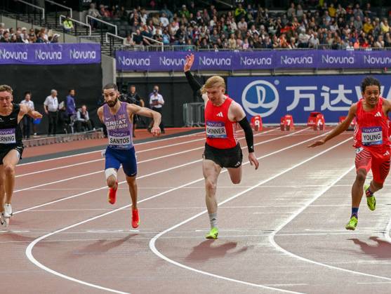Novuna London Athletics Meet, London, UK. 19 July 2025. London, UK, 19 July 2025. 100m Para Mens, 1 SKINNER Zak GBR, 2 YOUNG Thomas GBR, 3 SANTOS Kevin during the Novuna London Athletics Meet 2025, part of the Wanda Diamond League at London Stadium, Queen Elizabeth Park, London, UK., Credit:Lee Floyd Avalon UK, London, London Stadium, Queen Elizabeth  Copyright: xLeexFloydx xAvalonx 1023707962