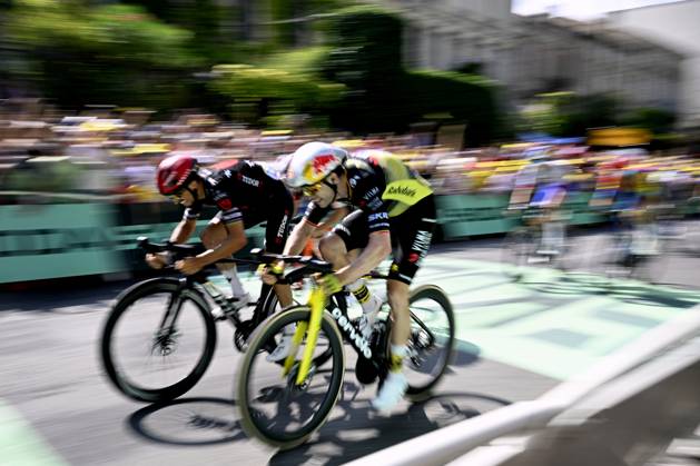 French Julian Alaphilippe of Tudor Pro Cycling Team, Belgian Wout van Aert of Team Visma-Lease a Bike and pictured crossing the finish line of the stage 15 of the 2025 Tour de France cycling race, from Muret to Carcasonne (169 km), on Sunday 20 July 2025 in France. The 112th edition of the Tour de France starts on Saturday 5 July in Lille, France, and will finish in Paris, France on the 27th of July. JASPERxJACOBS x129658588x