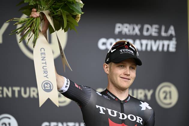 Australian Michael Storer of Tudor Pro Cycling Team pictured on the podium after the stage 15 of the 2025 Tour de France cycling race, from Muret to Carcasonne (169 km), on Sunday 20 July 2025 in France. The 112th edition of the Tour de France starts on Saturday 5 July in Lille, France, and will finish in Paris, France on the 27th of July. JASPERxJACOBS x129660995x