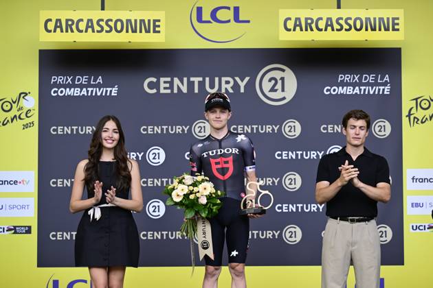 Australian Michael Storer of Tudor Pro Cycling Team pictured on the podium after the stage 15 of the 2025 Tour de France cycling race, from Muret to Carcasonne (169 km), on Sunday 20 July 2025 in France. The 112th edition of the Tour de France starts on Saturday 5 July in Lille, France, and will finish in Paris, France on the 27th of July. DIRKxWAEM x129661106x