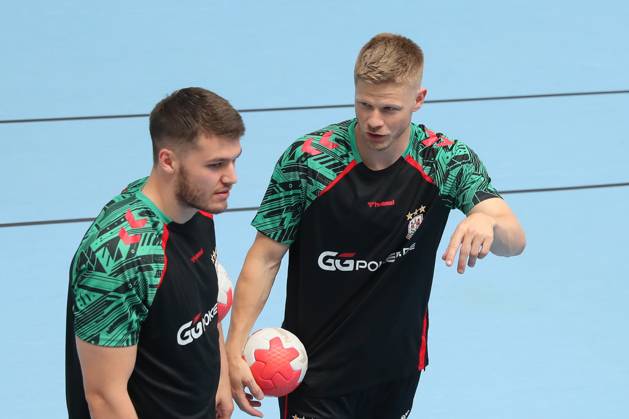 24 07 2025, xtgx, Handball, Daikin HBL, SC Magdeburg Training kick-off 2025 26 v l Elvar Örn Jonsson Magdeburg , Sebastian Barthold Magdeburg Magdeburg
