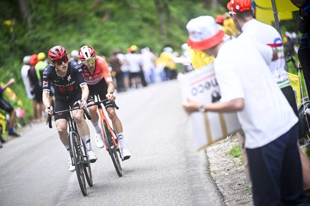 Australian Michael Storer of Tudor Pro Cycling Team and French Axel Laurance of Ineos Grenadiers pictured in action during stage 20 of the 2025 Tour de France cycling race, from Nantua to Montpellier (185km), on Saturday 26 July 2025 in France. The 112th edition of the Tour de France starts on Saturday 5 July in Lille, France, and will finish in Paris, France on the 27th of July. JASPERxJACOBS x130051165x