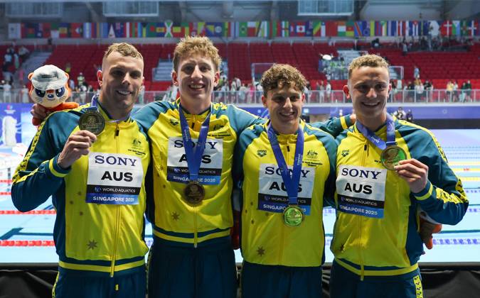 World Aquatics Championships 2025 Singapore World Aquatics Championships 2025 Singapore Men 4x100 Men Freestyle Team Australia clinched the gold medal in the Women™s 4x100m Freestyle Relay, followed by the United States with silver and the Netherlands securing bronze during the medal ceremony at the World Aquatics Championships 2025. Singapore Aquatics Centre Singapore Copyright: xSeshadrixSukumarx