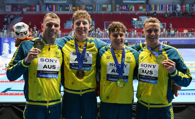 World Aquatics Championships 2025 Singapore World Aquatics Championships 2025 Singapore Men 4x100 Men Freestyle Team Australia clinched the gold medal in the Women™s 4x100m Freestyle Relay, followed by the United States with silver and the Netherlands securing bronze during the medal ceremony at the World Aquatics Championships 2025. Singapore Aquatics Centre Singapore Copyright: xSeshadrixSukumarx