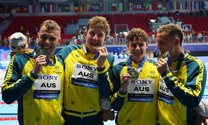 World Aquatics Championships 2025 Singapore World Aquatics Championships 2025 Singapore Men 4x100 Men Freestyle Team Australia clinched the gold medal in the Women™s 4x100m Freestyle Relay, followed by the United States with silver and the Netherlands securing bronze during the medal ceremony at the World Aquatics Championships 2025. Singapore Aquatics Centre Singapore Copyright: xSeshadrixSukumarx