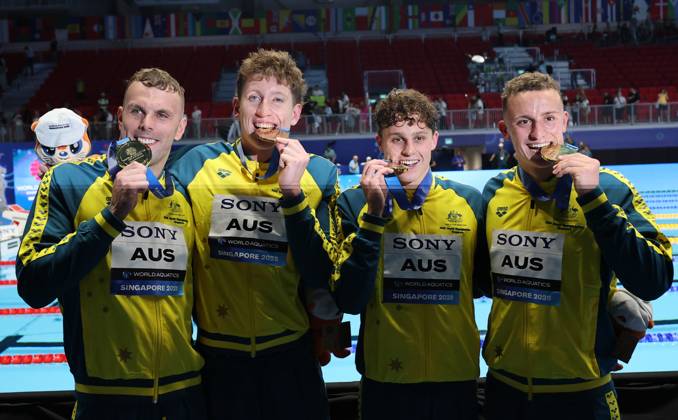 World Aquatics Championships 2025 Singapore World Aquatics Championships 2025 Singapore Men 4x100 Men Freestyle Team Australia clinched the gold medal in the Women™s 4x100m Freestyle Relay, followed by the United States with silver and the Netherlands securing bronze during the medal ceremony at the World Aquatics Championships 2025. Singapore Aquatics Centre Singapore Copyright: xSeshadrixSukumarx