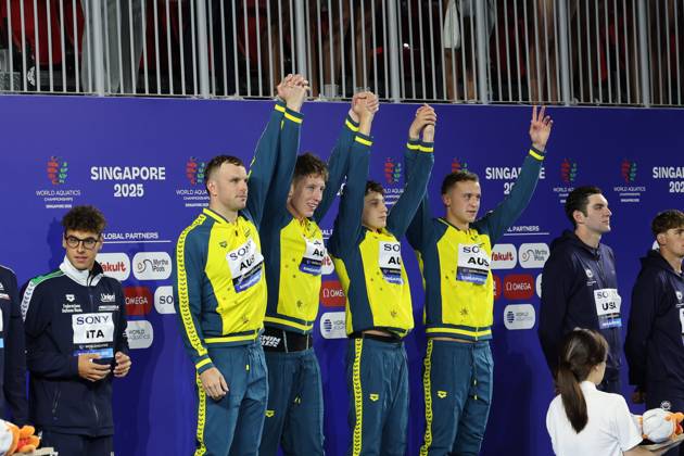 World Aquatics Championships 2025 Singapore World Aquatics Championships 2025 Singapore Men 4x100 Men Freestyle Team Australia clinched the gold medal in the Women™s 4x100m Freestyle Relay, followed by the United States with silver and the Netherlands securing bronze during the medal ceremony at the World Aquatics Championships 2025. Singapore Aquatics Centre Singapore Copyright: xSeshadrixSukumarx