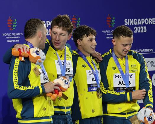 World Aquatics Championships 2025 Singapore World Aquatics Championships 2025 Singapore Men 4x100 Men Freestyle Team Australia clinched the gold medal in the Women™s 4x100m Freestyle Relay, followed by the United States with silver and the Netherlands securing bronze during the medal ceremony at the World Aquatics Championships 2025. Singapore Aquatics Centre Singapore Copyright: xSeshadrixSukumarx