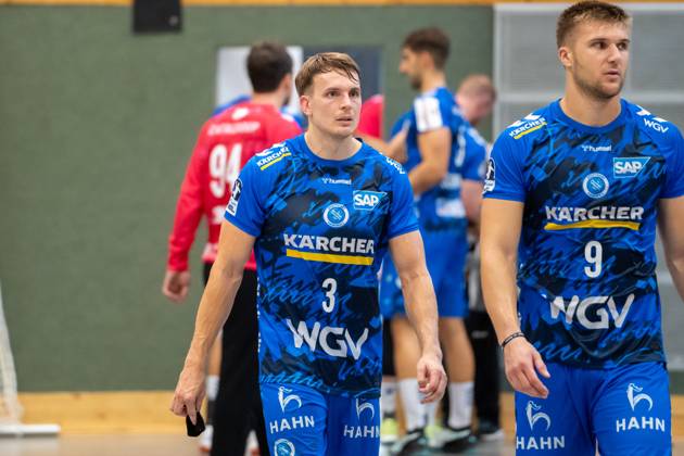 Handball I Men I Season 2025 2026 I Test match I TVB Stuttgart BSV Bern I 28 07 2025 Max Häfner 3, TVB Stuttgart and Gianfranco Pribetic 9, TVB Stuttgart in the new jersey Community hall Bittenfeld Waiblingen Baden Württemberg Germany Copyright: xLobeca MaxxPetershansx