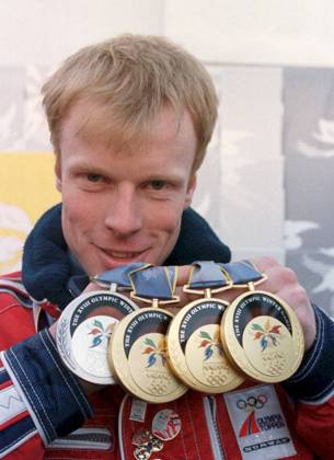 Olympics Nagano 199802 Bjorn Daehlie with his four medals from the Olympics Nagano Three golds and one silver Photo Per Lochen, NTB Pluss Olympics L22 106 NAGANO JAPAN EDITORIAL USE ONLY  EDITORIAL USE ONLY. RESTRICTED USE FOR BETTING COMPANIES Ref:0240477088st.jpg