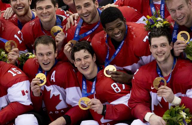 February 23, 2014, Sochi, Russia: Canadian captain Sidney Crosby celebrates with his teammates after defeating Sweden to win the men s hockey gold medal at the Sochi Winter Olympics on Sunday, Feb. 23, 2014 in Sochi, Russia. Canada News - February 23, 2014  - ZUMAc35_ 20140223_zaf_c35_240 Copyright: xPaulxChiassonx