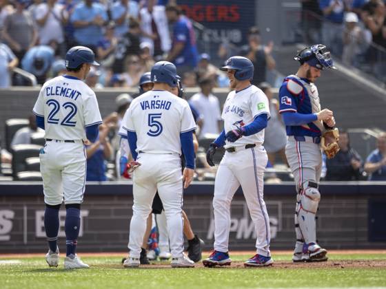 August 16, 2025, Toronto, On, Canada: Toronto Blue Jays Myles Straw (3) celebrates his home run with teammates Ernie Clement (22) and Daulton Varsho (5) during the second inning against the Texas Rangers in Toronto, Saturday, Aug. 16, 2025. Toronto Blue Jays Vs Texas Rangers - ZUMAc35_ 20250816_zaf_c35_095 Copyright: xTaraxWaltonx