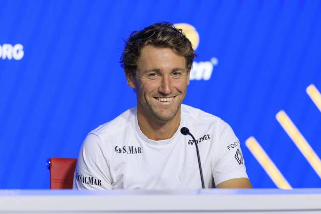 August 19, 2025, Flushing Meadows, New York, USA: Iga Swiatek and Casper Ruud (in photo) during a press conference, PK, Pressekonferenz after winning their mix doubles match against Caty McNally and Lorenzo Musetti at the 2025 US Open at USTA Billie Jean King National Tennis Center on Tuesday August 19, 2025 in the Flushing neighborhood of the Queens borough of New York City. JAVIER ROJAS PI Flushing Meadows USA - ZUMAp124 20250819_zaa_p124_051 Copyright: xJavierxRojasx
