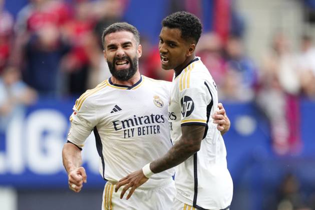 CA Osasuna v Real Madrid CF - LaLiga EA Sports PAMPLONA, SPAIN - MARCH 16: Daniel Carvajal (L) right-back of Real Madrid and Spain celebrates after scoring his sides first goal during the LaLiga EA Sports match between CA Osasuna and Real Madrid CF at Estadio El Sadar on March 16, 2024 in Pamplona, Spain. Spain World. Editorial use only. Please get in touch for any other usage.  Copyright: x2025xAnadoluxJosexHernandezx