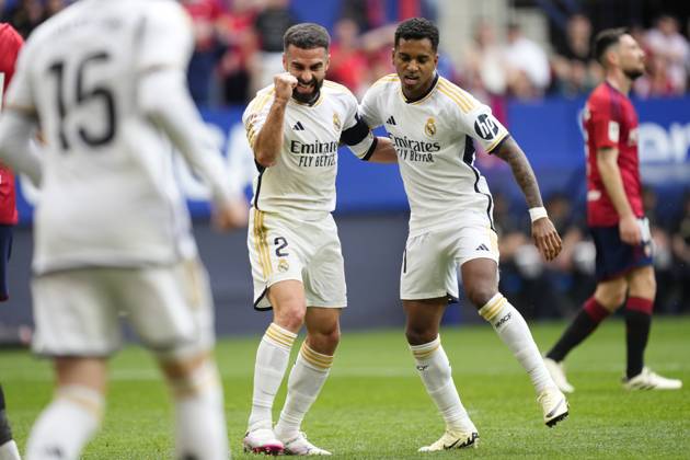 CA Osasuna v Real Madrid CF - LaLiga EA Sports PAMPLONA, SPAIN - MARCH 16: Daniel Carvajal (L) right-back of Real Madrid and Spain celebrates after scoring his sides first goal during the LaLiga EA Sports match between CA Osasuna and Real Madrid CF at Estadio El Sadar on March 16, 2024 in Pamplona, Spain. Spain World. Editorial use only. Please get in touch for any other usage.  Copyright: x2025xAnadoluxJosexHernandezx