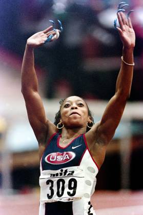 970307 Athletics, World Championships, Indoor, women, 60 m, final Gail Devers, USA celebrates after the victory  Copyright: BILDBYRAN BB970307BB014