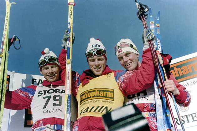 970308 Skiing, Swedish Skiing Games, 15 km, classic The prize podium from Sture Sivertsen, Norway two, Björn Dählie, Norway one and Erling Jevne, Norway three  Copyright: BILDBYRAN BB970308BB018
