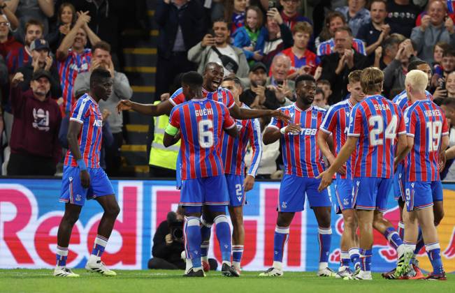. - Crystal Palace v Fredrikstad FK, UEFA Europa Conference League Play Off, 1st Leg, Selhurst Park Stadium, Croydon, England. - 21st August 2025. (C) Daniel Weir Crystal Pix GOAL 1-0, Jean-Philippe Mateta of Crystal Palace goal celebration with Marc Guehi of Crystal Palace after scoring a goal to put Crystal Palace 1-0 ahead. - Crystal Palace v Fredrikstad FK, UEFA Europa Conference League Play Off, 1st Leg, Selhurst Park Stadium, Croydon, England. - 21st August 2025. (C) Daniel Weir Crystal Pix Croydon Selhurst Park Stadium United Kingdom Copyright: xDanielxWeirx CP_Crystal_Palace_Fredrikstad_14