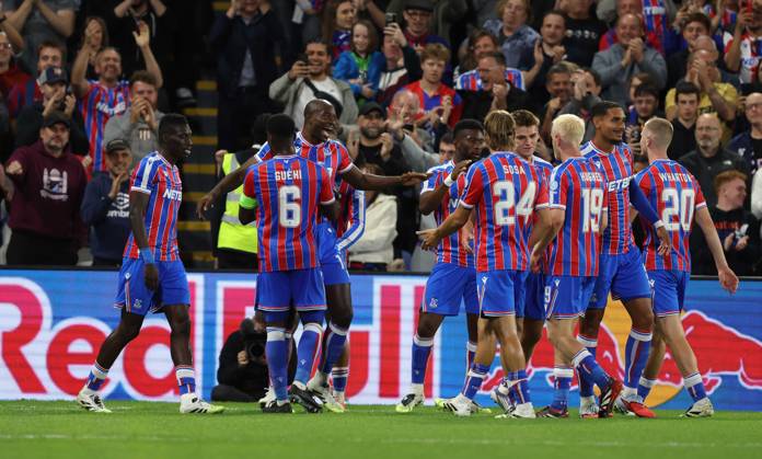 . - Crystal Palace v Fredrikstad FK, UEFA Europa Conference League Play Off, 1st Leg, Selhurst Park Stadium, Croydon, England. - 21st August 2025. (C) Daniel Weir Crystal Pix GOAL 1-0, Jean-Philippe Mateta of Crystal Palace goal celebration with Marc Guehi of Crystal Palace after scoring a goal to put Crystal Palace 1-0 ahead. - Crystal Palace v Fredrikstad FK, UEFA Europa Conference League Play Off, 1st Leg, Selhurst Park Stadium, Croydon, England. - 21st August 2025. (C) Daniel Weir Crystal Pix Croydon Selhurst Park Stadium United Kingdom Copyright: xDanielxWeirx CP_Crystal_Palace_Fredrikstad_15