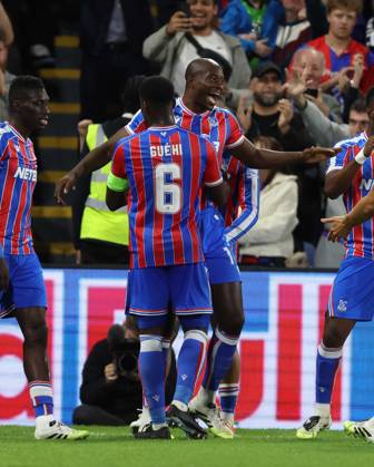 . - Crystal Palace v Fredrikstad FK, UEFA Europa Conference League Play Off, 1st Leg, Selhurst Park Stadium, Croydon, England. - 21st August 2025. (C) Daniel Weir Crystal Pix GOAL 1-0, Jean-Philippe Mateta of Crystal Palace goal celebration with Marc Guehi of Crystal Palace after scoring a goal to put Crystal Palace 1-0 ahead. - Crystal Palace v Fredrikstad FK, UEFA Europa Conference League Play Off, 1st Leg, Selhurst Park Stadium, Croydon, England. - 21st August 2025. (C) Daniel Weir Crystal Pix Croydon Selhurst Park Stadium United Kingdom Copyright: xDanielxWeirx CP_Crystal_Palace_Fredrikstad_16