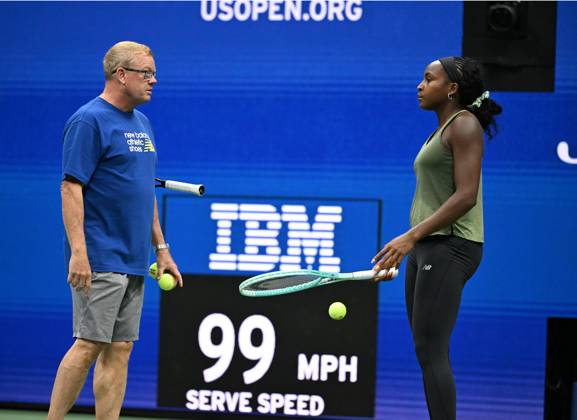 FLUSHING NY- AUGUST 21: Coco Gauff is seen on the practice court with her coach Gavin MacMillan on Arthur Ashe Stadium at the USTA Billie Jean King National Tennis Center on August 21, 2025 in Flushing Queens. Copyright: xmpi04x