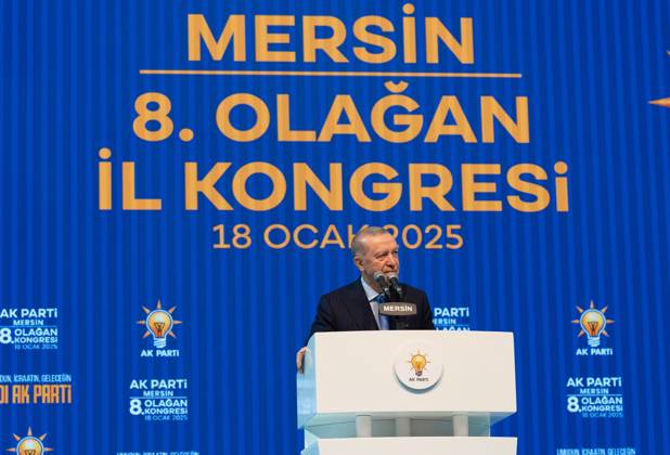 Turkish President Recep Tayyip Erdogan MERSIN, TURIYE - JANUARY 18: Turkish President and leader of the Justice and Development (AK) Party Recep Tayyip Erdogan makes a speech during the AK Party’s 8th Ordinary Provincial Congress at Servet Tazegul Sports Hall in Mersin, Turkiye on January 18, 2025. Mersin Turkey. Editorial use only. Please get in touch for any other usage.  Copyright: x2025xAnadoluxEminxSansarx