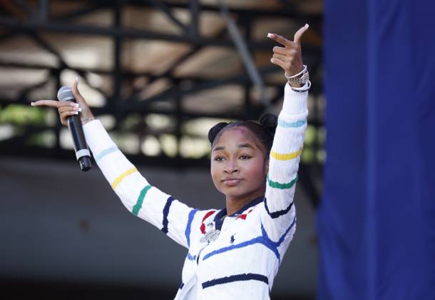 American rapper and singer That Girl Lay Lay performs outside by Arthur Ashe Stadium for Arthur Ashe Kids Day at the 2025 US Open Tennis Championship at the USTA Billie Jean King National Tennis Center in New York City on Saturday, August 23, 2025 in New York City.  NYP20250823101 JOHNxANGELILLO