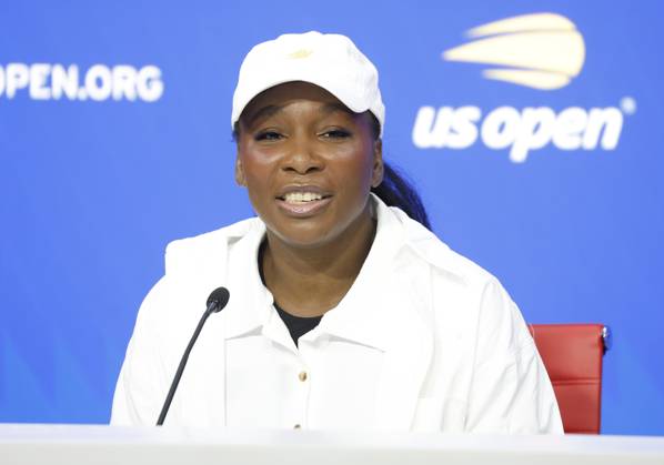 Venus Williams speaks at a press conference, PK, Pressekonferenz in Arthur Ashe Stadium at the 2025 US Open Tennis Championship at the USTA Billie Jean King National Tennis Center in New York City on Saturday, August 23, 2025 in New York City.  NYP20250823125 JOHNxANGELILLO