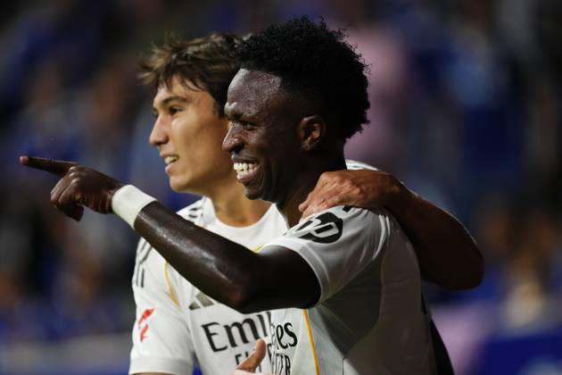 Real Oviedo v Real Madrid CF - LaLiga EA Sports Vinicius Junior left winger of Real Madrid and Brazil celebrates after scoring his sides first goal during the La Liga EA Sports match between Real Oviedo and Real Madrid CF at Carlos Tartiere on August 24, 2025 in Oviedo, Spain. Oviedo Spain Copyright: xJosexBretonx originalFilename:bretonhernandez-realovie250824_npc25