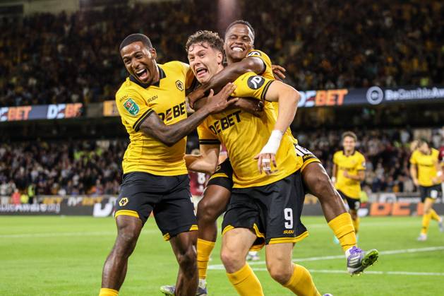 Celebration as Jorgen Strand Larsen (9 Wolves) puts Wolves ahead during the Carabao Cup football match between Wolverhampton Wanderers and West Ham United at Molineux stadium in Wolverhampton, England Copyright: xNataliexMincher SPPx Sportspressphoto_SPR16882