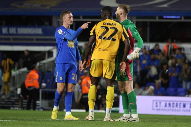 Birmingham City v Port Vale EFL Cup 26 08 2025. Birmingham City Jay Stansfield Port Vale Joe Gauci Port Vale Jesse Debrah AT THE END OF THE GAME during the EFL Cup match between Birmingham City and Port Vale at the St Andrew s @ Knighthead Park, Birmingham, England on 26 August 2025. Birmingham St Andrew s @ Knighthead Park West Midlands England Editorial use only DataCo restrictions apply See www.football-dataco.com , Copyright: xAndyxShawx PSI-22698-0026