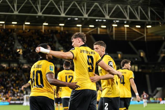 Celebration as Jorgen Strand Larsen (9 Wolves) puts Wolves ahead during the Carabao Cup football match between Wolverhampton Wanderers and West Ham United at Molineux stadium in Wolverhampton, England Copyright: xNataliexMincher SPPx Sportspressphoto_SPR16966