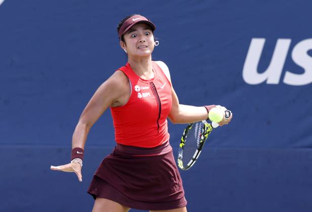 Alexandra Eala of the Philippines returns a ball to Cristina Bucsa Spain in the first set of their second round match on court 7 on day 4 at the 2025 US Open Tennis Championship at the USTA Billie Jean King National Tennis Center in New York City on Wednesday, August 27, 2025. Bucsa defeated Eala in straight sets. NYP20250827129 JOHNxANGELILLO