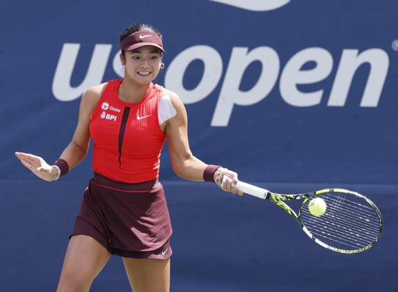 Alexandra Eala of the Philippines returns a ball to Cristina Bucsa Spain in the first set of their second round match on court 7 on day 4 at the 2025 US Open Tennis Championship at the USTA Billie Jean King National Tennis Center in New York City on Wednesday, August 27, 2025. Bucsa defeated Eala in straight sets. NYP20250827132 JOHNxANGELILLO