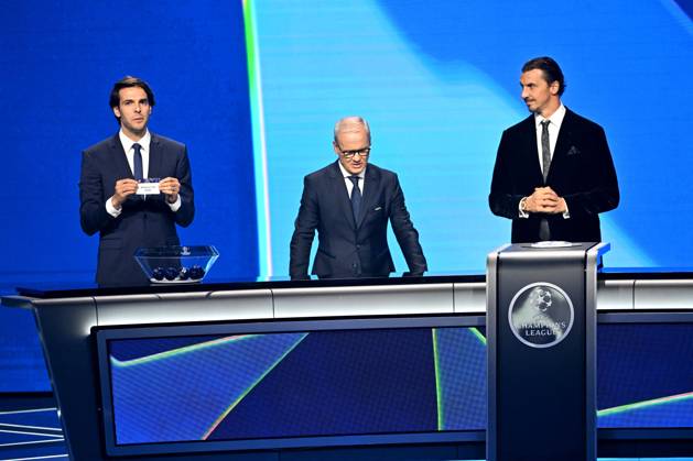 Kaka, Giorgio Marchetti, le secrétaire général de l UEFA, et Zlatan Ibrahimovic durant le tirage au sort de la phase de ligue de la Champions League 2025 - 2026, au Grimaldi Forum à Monaco, le 28 août 2025 Bruno Bebert Bestimage Draw for the group stage of the 2025–2026 UEFA Champions League at the Grimaldi Forum in Monaco on august 28th 2025 Monaco Monaco Copyright: xBrunoxBebertx xBestimagexBrunoxBebertx xBestimagex