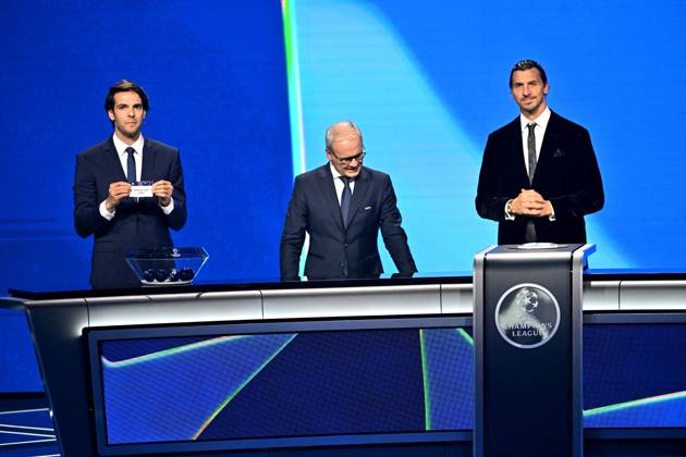 Kaka, Giorgio Marchetti, le secrétaire général de l UEFA, et Zlatan Ibrahimovic durant le tirage au sort de la phase de ligue de la Champions League 2025 - 2026, au Grimaldi Forum à Monaco, le 28 août 2025 Bruno Bebert Bestimage Draw for the group stage of the 2025–2026 UEFA Champions League at the Grimaldi Forum in Monaco on august 28th 2025 Monaco Monaco Copyright: xBrunoxBebertx xBestimagexBrunoxBebertx xBestimagex